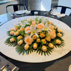 大圆桌转盘中间摆花高档酒店餐桌仿真花假花摆件绢花装饰轻奢高级